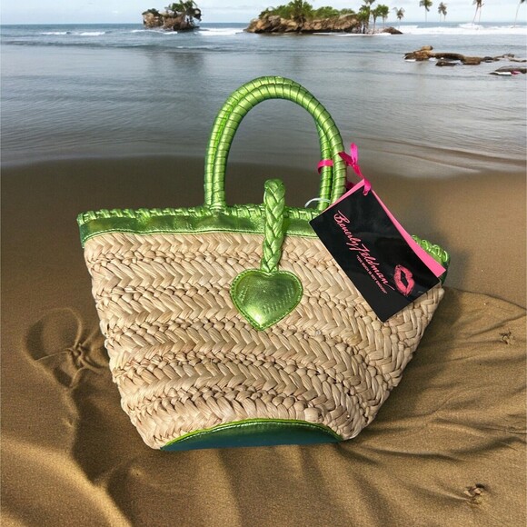 Beverly Feldman Straw Bucket Bag, Green Metallic Accents NWT Rare - Picture 1 of 4
